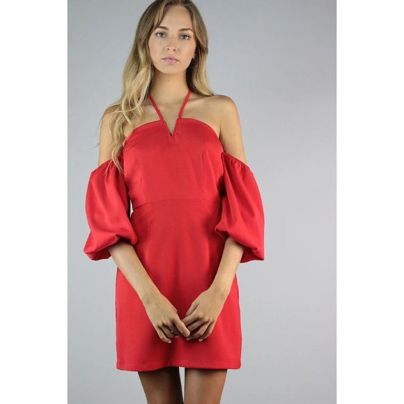 J.O.A. Red Puff Sleeve Halter Mini Dress sz M NEW - Picture 3 of 11